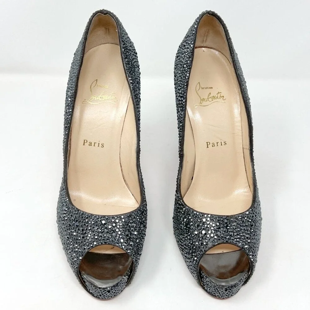 Christian Louboutin Silver Crystal‎ Platform Peep Toe Heels 38